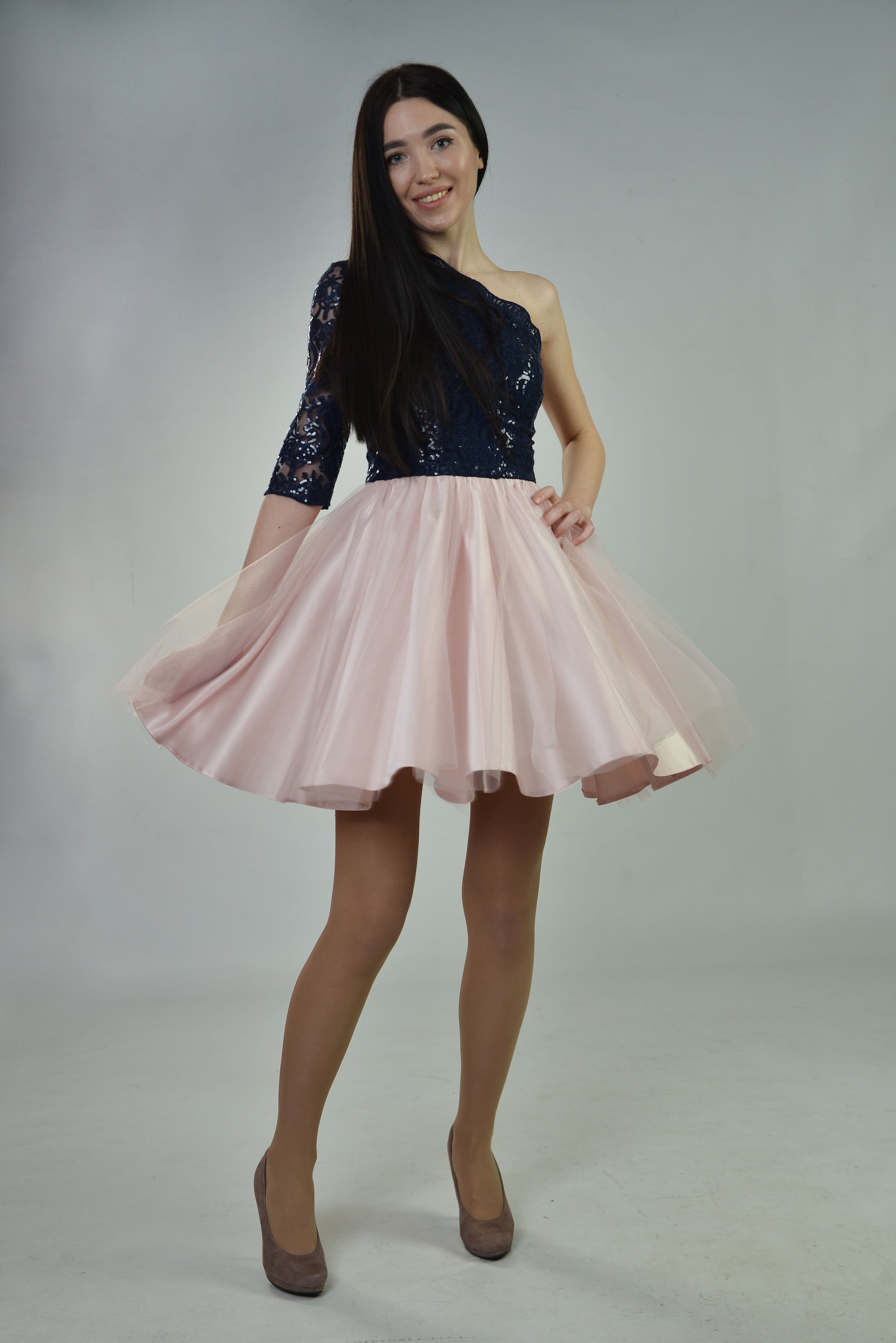 Evening Short Puffy Dress With One Sleeve. Navy Blue Lace Prom Etsy