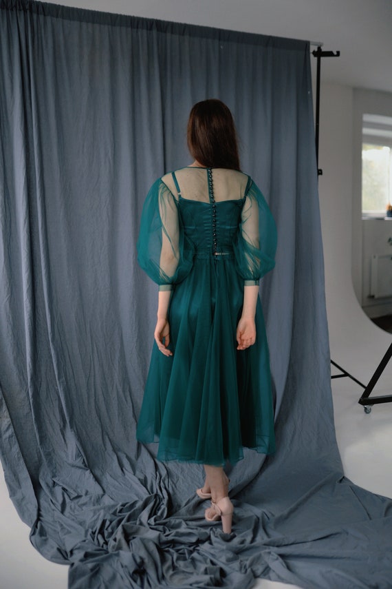 emerald green midi dress uk Jayne Emerald Green Tulle Midi Dress UK10 / Emerald Green