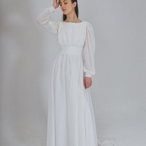 Boho backless wedding dress with sguare neckline and long sleeves , Chiffon simple white bridal gown with train , A-line ellope dress image 5