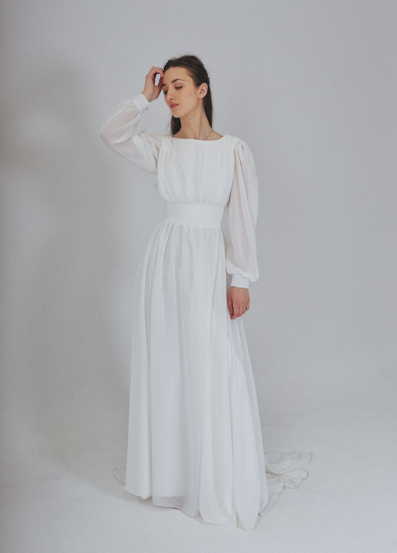 Boho backless wedding dress with sguare neckline and long sleeves , Chiffon simple white bridal gown with train , A-line ellope dress image 5