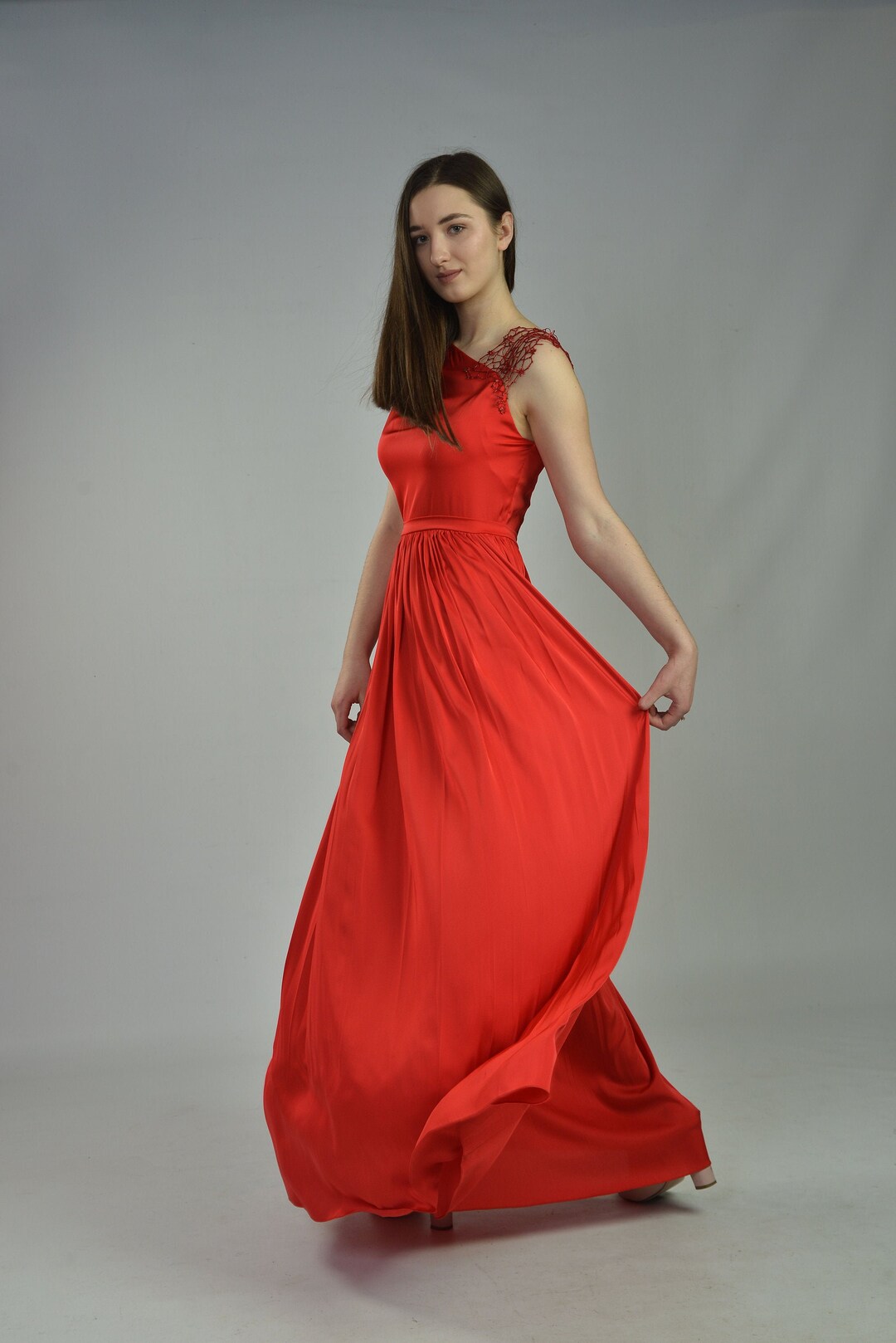 Red Silk Wedding Guest Dress Stylish One shoulder Design Flared