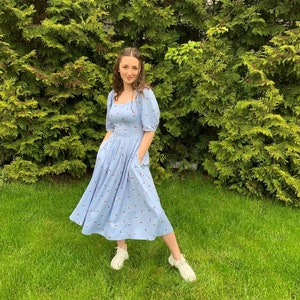Cotton Floral dress, Modest summer dress,Vintage cotton summer dress, Puff-Sleeved dress