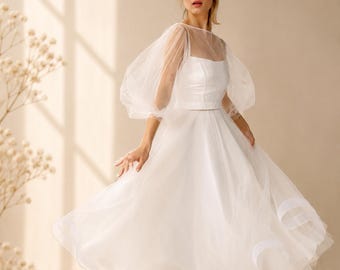 Wedding Tulle Midi Dress: Puffy Sleeves, Bridal Separates, Evening Gown