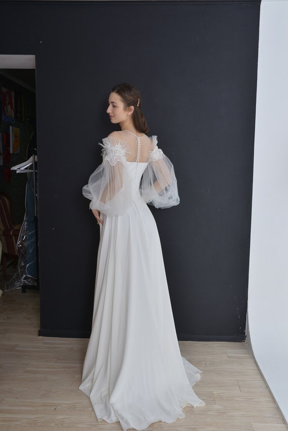 Chiffon A-line Wedding Dress: Long Sleeves, Lace Corset, Button Back - Etsy