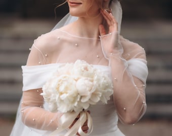 Handmade Off-the-Shoulder Organza Wedding Dress with Pearl Bodysuit