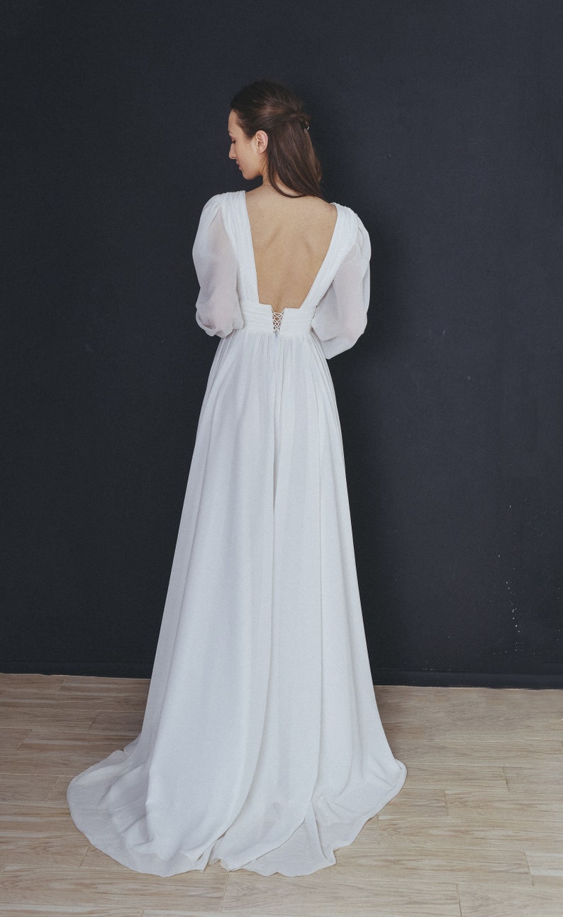 Elegant Winter Wedding Gown Square Neckline, Long Sleeves, Church White Bridal Dress with Train and Open Back A-Line Elopement Dress image 3