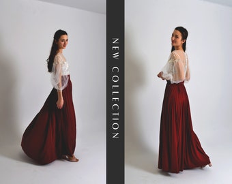 Silk Skirt  Maxi Skirt High Waisted Skirt Vine Red Long Skirt  Wedding Midi Skirt Silk Skirt Plus Size Gift For Her