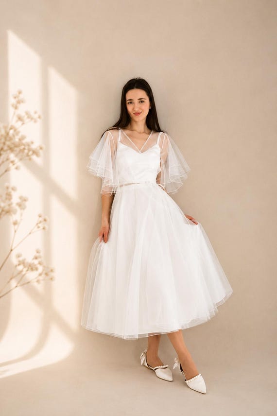 bridal dress midi length Off-White A-line Midi Wedding Dress