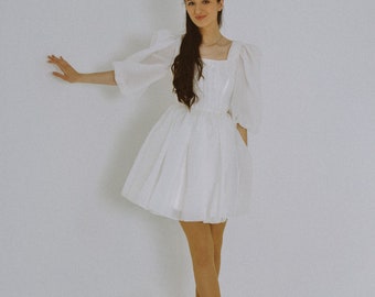 White Organza Puff Sleeve Mini Wedding Dress - Modern Elopement Gown
