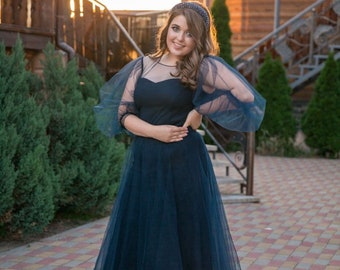 Rehearsal wedding or evening dress with puffy sleeves Simple engagement dress Dark blue midi dress Black tulle dress Courthose wedding dress