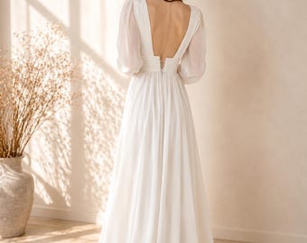 Boho Chiffon Wedding Dress: Long Sleeve A-Line Bridal Gown with Train