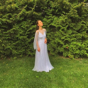 Funkelndes Sternenhochzeitskleid - Glitzer-Überkleid mit abnehmbarem Glanz, schlichter Boho-Stil, lang & in Übergröße
