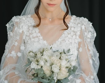 Church Wedding Dress in Floral Design with Long Puff Sleeves