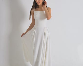 Midi Wedding Dress: Crepe Square Neckline, Spaghetti Straps
