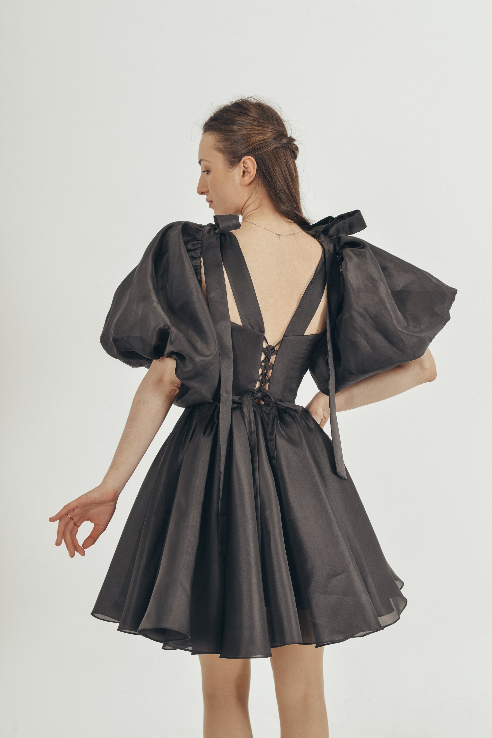 Black Organza Mini Dress - Corset, Detachable Puff Sleeves