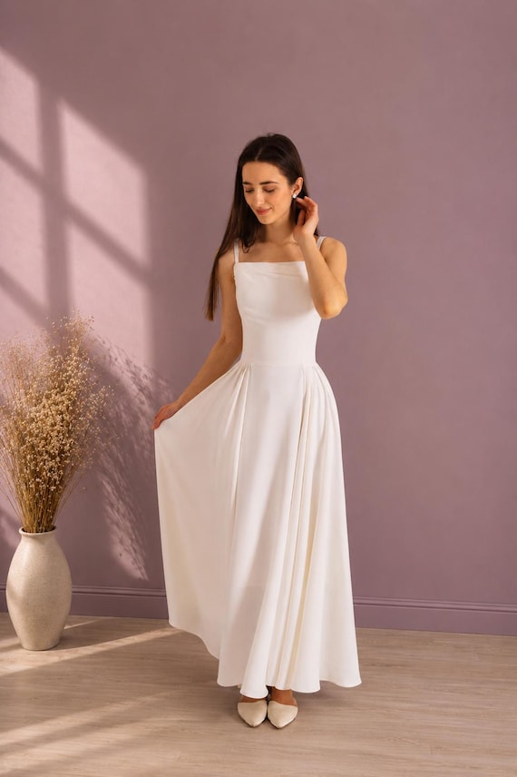a line courthouse wedding dress Leely Women Ivory Midi Bridal Dress with Pockets V-Neck Long Sleeves A Line Engagement Dress Courthouse Wedding Dress
