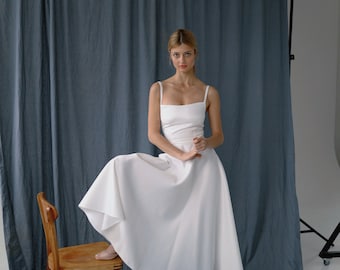 Abito midi in raso da ricevimento con spalline sottili e scollo quadrato, topper da sposa + gonna a trapezio, abito da tribunale per gli invitati al matrimonio