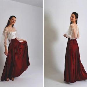 Silk Skirt  Maxi Skirt High Waisted Skirt Vine Red Long Skirt  Wedding Midi Skirt Silk Skirt Plus Size Gift For Her