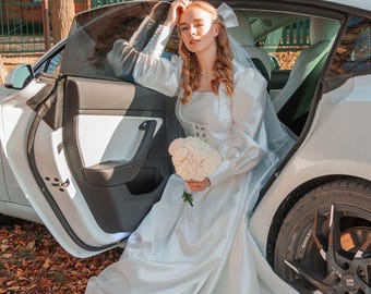 Elegant Church Corset Wedding Dress with Train, Square Neckline & Thin Straps