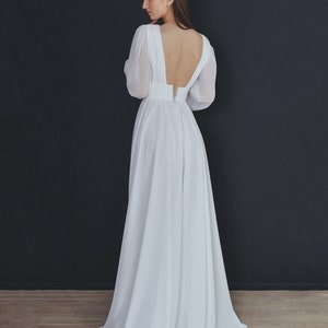 Boho backless wedding dress with sguare neckline and long sleeves , Chiffon simple white bridal gown with train , A-line ellope dress image 4