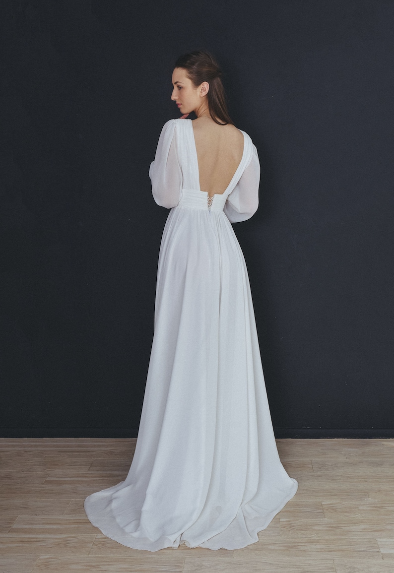 Boho backless wedding dress with sguare neckline and long sleeves , Chiffon simple white bridal gown with train , A-line ellope dress image 4