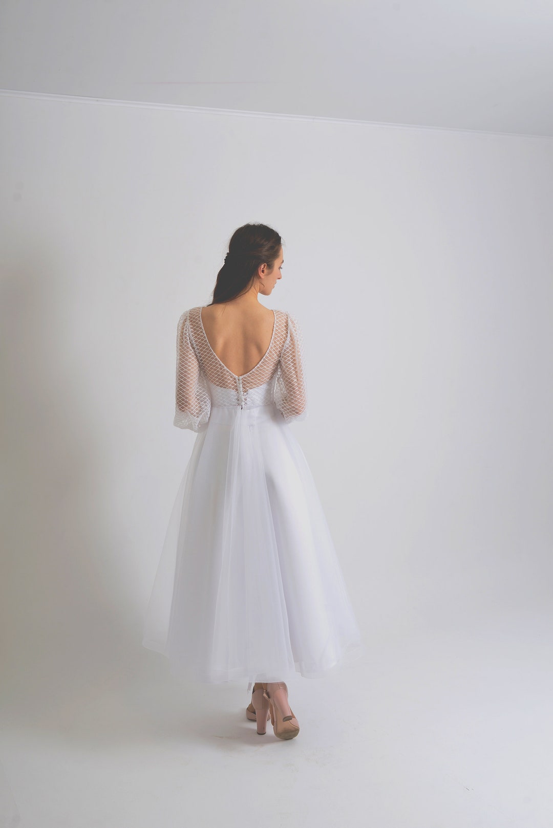 White Tulle Midi Dress: Modest Satin Wedding or Engagement Dress - Etsy