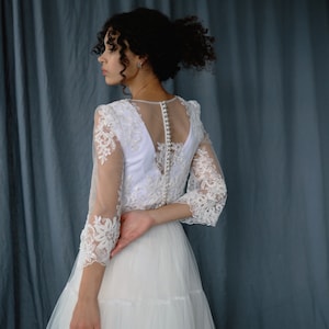 Boho Lace Womens Top With Long Sleeves,Corset Lace Wedding Top with Small Beaded +Tiered Tulle Skirt ,Midi Wedding Dress