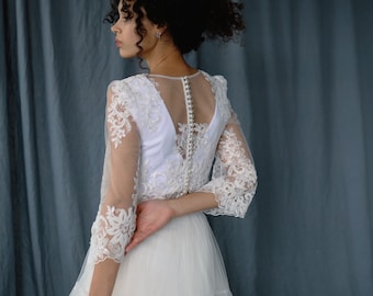 Boho Lace Womens Top With Long Sleeves,Corset Lace Wedding Top with Small Beaded +Tiered Tulle Skirt ,Midi Wedding Dress