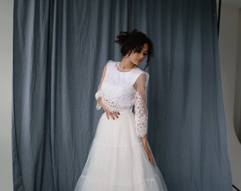 Buttonned Back Bridesmaids Lace Top, Handmade Wedding Top with Small Beaded  , Tiered Tulle Skirt