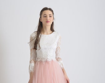 Boho Bridal Lace Crop Top with Long Sleeves + Tulle Midi Skirt - Plus Size Wedding & Evening Wear