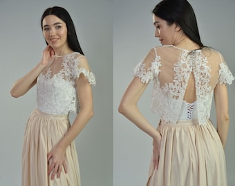 Lace bridesmaid top complete with a long flowing skirt. White corset + lace top for engagement. Separate boho wedding dress.