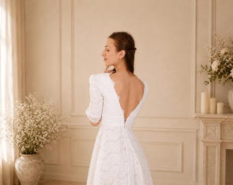 Lace Midi Wedding Dress: Long Sleeve Open Back Elopement Gown