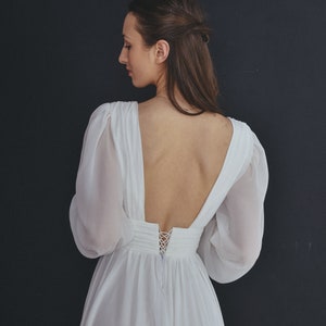 Boho backless wedding dress with sguare neckline and long sleeves , Chiffon simple white bridal gown with train , A-line ellope dress image 6