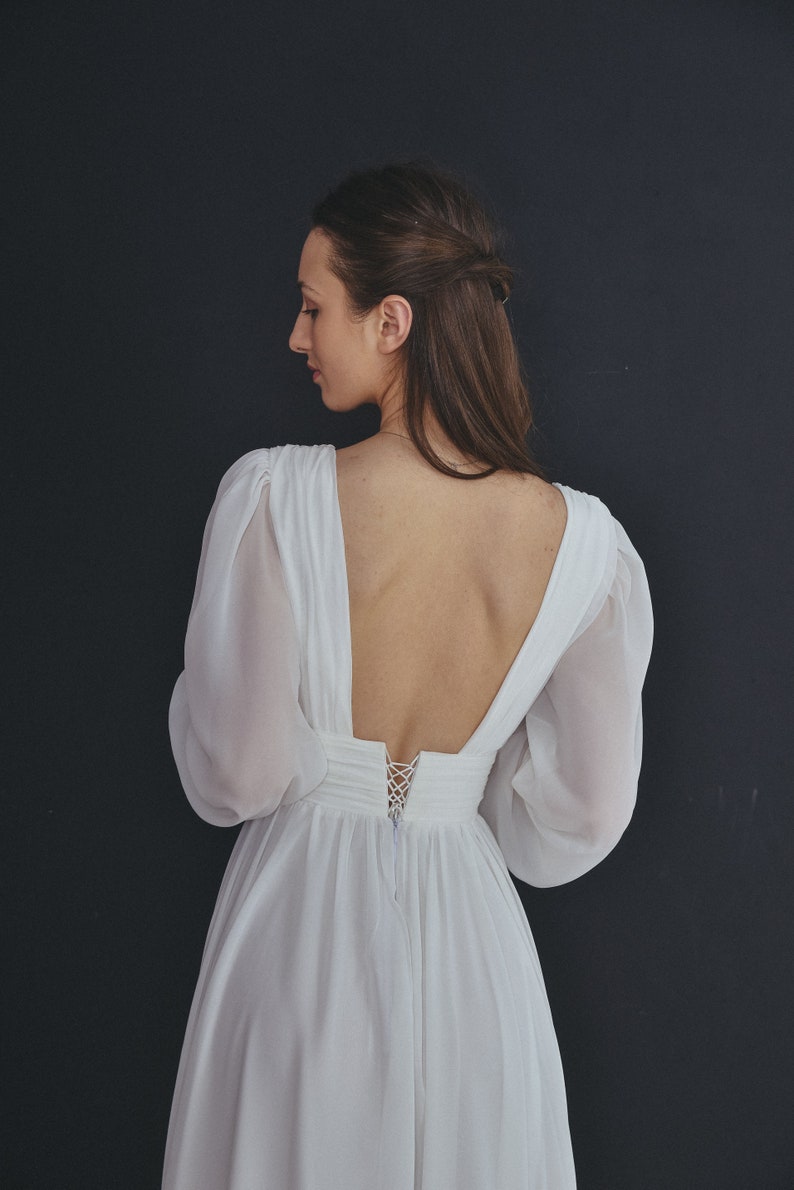 Boho backless wedding dress with sguare neckline and long sleeves , Chiffon simple white bridal gown with train , A-line ellope dress image 6