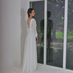 Boho backless wedding dress with sguare neckline and long sleeves , Chiffon simple white bridal gown with train , A-line ellope dress image 2