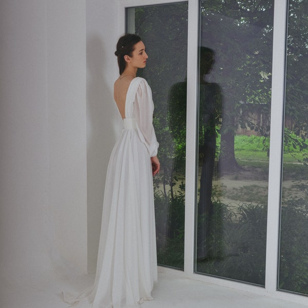 Chiffon boho wedding dress with sguare neckline and long sleeves ,  Church white bridal gown with  train and open back , A-line ellopement