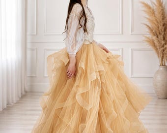 Champagne Tulle Wedding Skirt, Layered Ruffle Maxi Skirt, Bridal Separates Skirt, Dramatic Tulle Skirt, Fairy Style Skirt