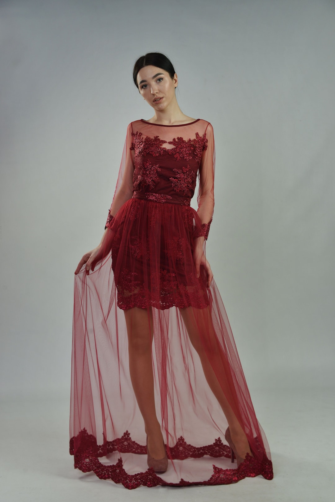 Elegante vestido convertible de encaje color vino para damas de honor y  baile de graduación (tallas grandes disponibles) México