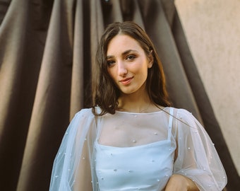 Boho Pearl Tulle Wedding Dress Set: A-Line Midi Gown with Corset