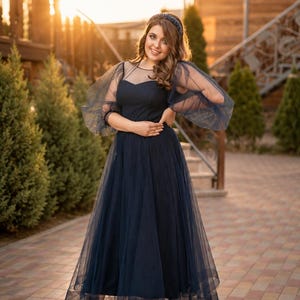 Tulle Midi Dress: Dark Blue Engagement, Rehearsal Dinner Dress