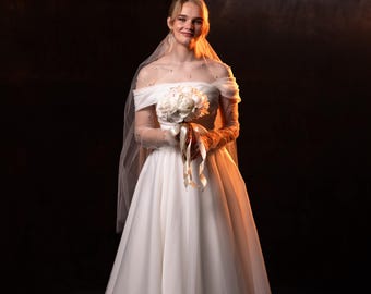 Off-the-Shoulder Organza Wedding Dress with Corset & Removable Shoulder Detail