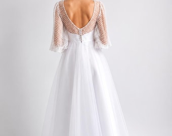 White Tulle Midi Wedding Dress: Elegant Long Sleeve Elopement and Rehearsal Dinner Gown