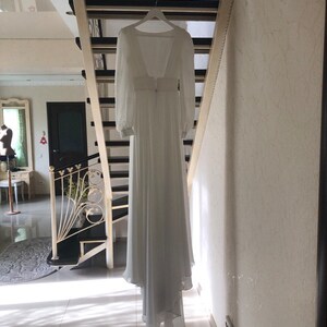 Boho backless wedding dress with sguare neckline and long sleeves , Chiffon simple white bridal gown with train , A-line ellope dress image 10