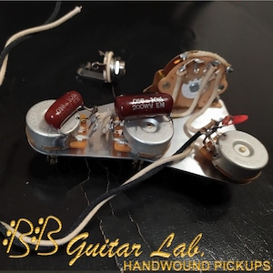 May include: A guitar wiring harness with various components, including potentiometers, capacitors, and a switch, connected by wires. The components are mounted on a metal plate. The text "BB Guitar Lab" and "HANDWOUND PICKUPS" is visible.
