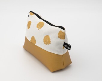 Gold cosmetic bag, makeup bag, gold, polka dots, toiletry bag, cosmetic bag