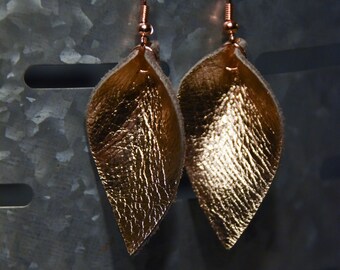 Genuine Leather, Rose Gold Leaf Earrings, with rose copper/nickel free wires. The earrings are unique, very light weight and comfortable.