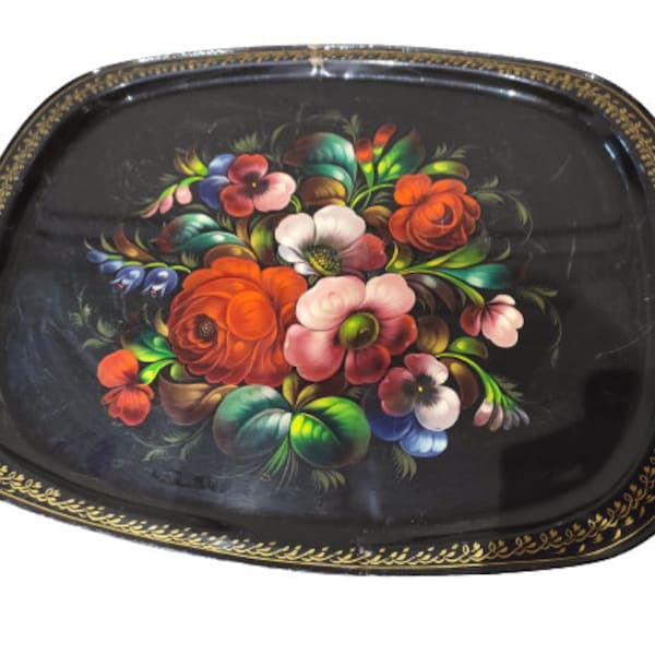 Vintage Russian Hand Painted Tray Floral,  USSR Platter, Old Metal Hand-Painted Tray, Large Hand-Painted Tray