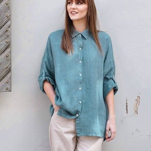 Plus size clothing Button up shirt, Long sleeve button down linen shirt, Summer blouse for women ocean blue