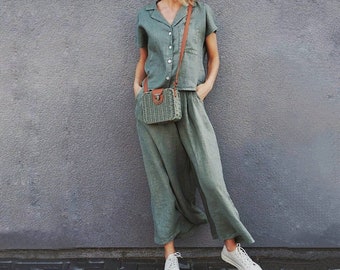 Costume en lin vert sauge pour femme, pantalon en lin à jambes larges et chemisier en lin boutonné pour femme, Culottes avec poches, vêtements en lin grande taille