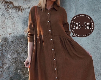 Linen Dress, Plus Size Linen Dress, Brown Linen Dress Linen Clothing, Prairie Dress, Country Dress, Long Sleeve Dress, Smock Dress plus size